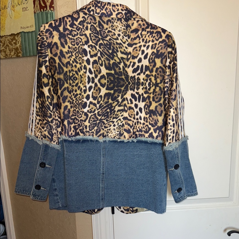 Leopard Print and Denim Blazer - Tan/Blue - Picture 2 of 4